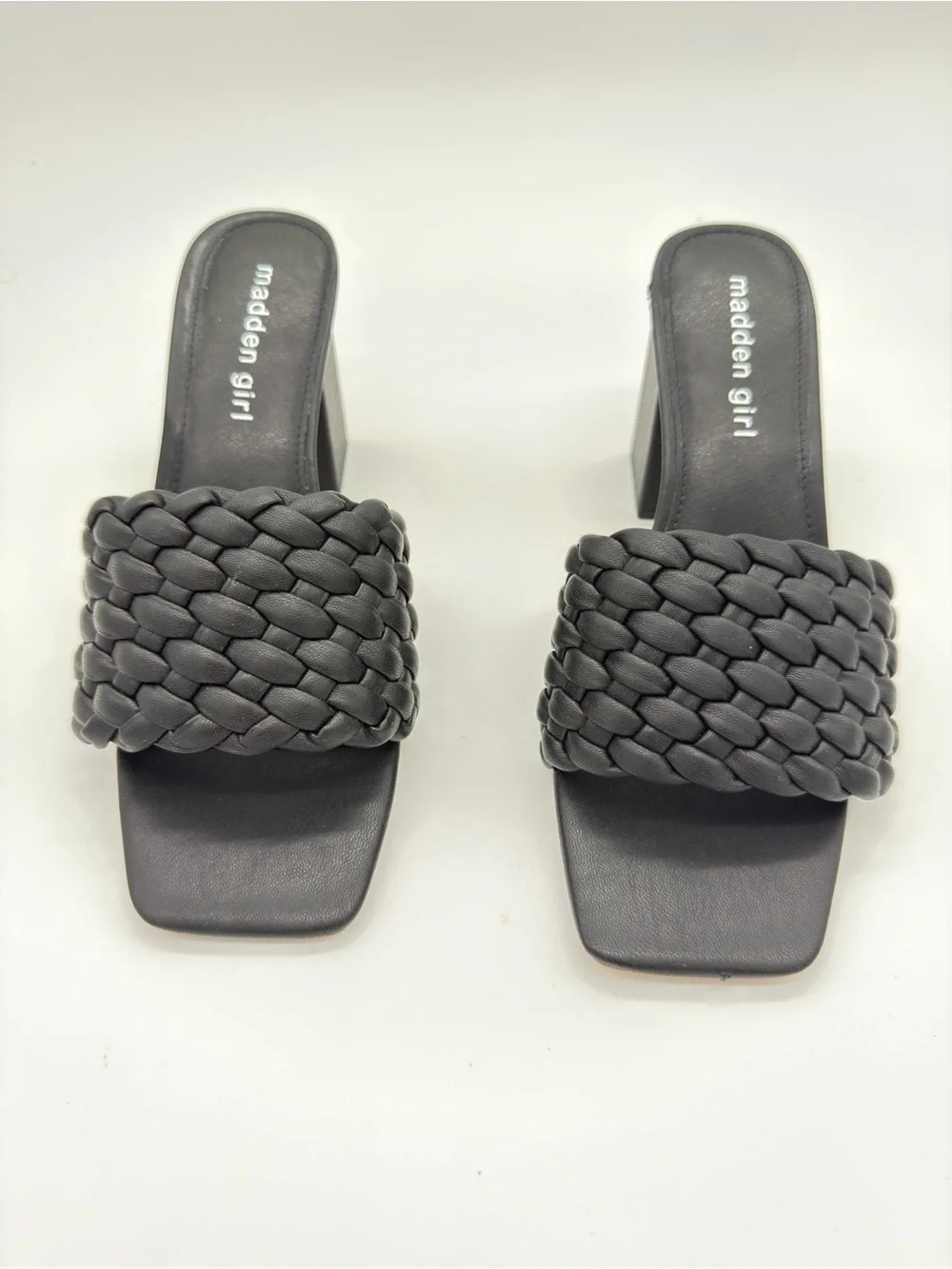 Madden Girl Black Braided Square-Toe Block Heel Slides